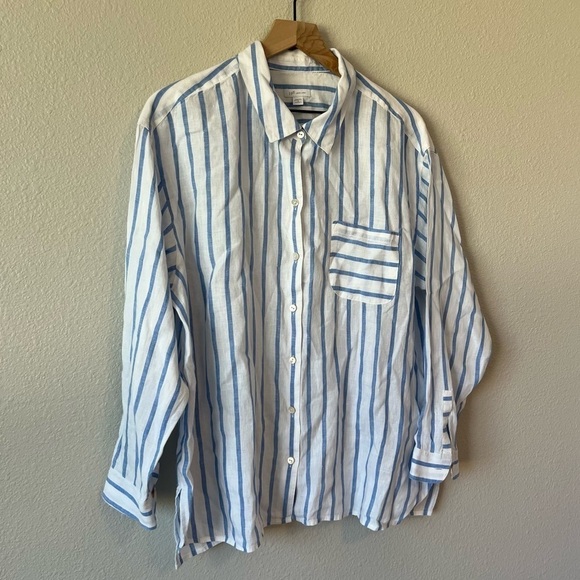 J. Jill Love Linen Easy Blue and White Striped Button Up Shirt- size 1X - Picture 10 of 12